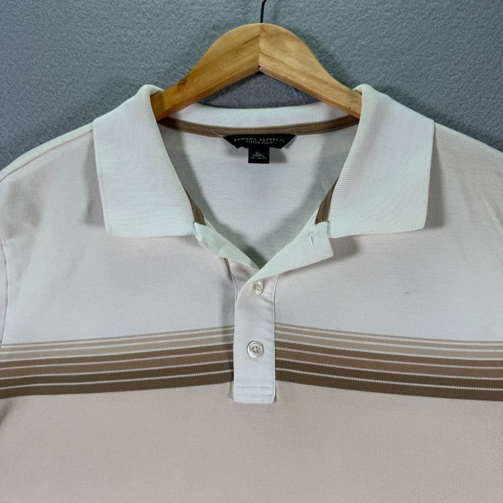 Banana Republic Fitted Polo‎ Shirt Mens XL Beige Stripe Comfort Classic Preppy